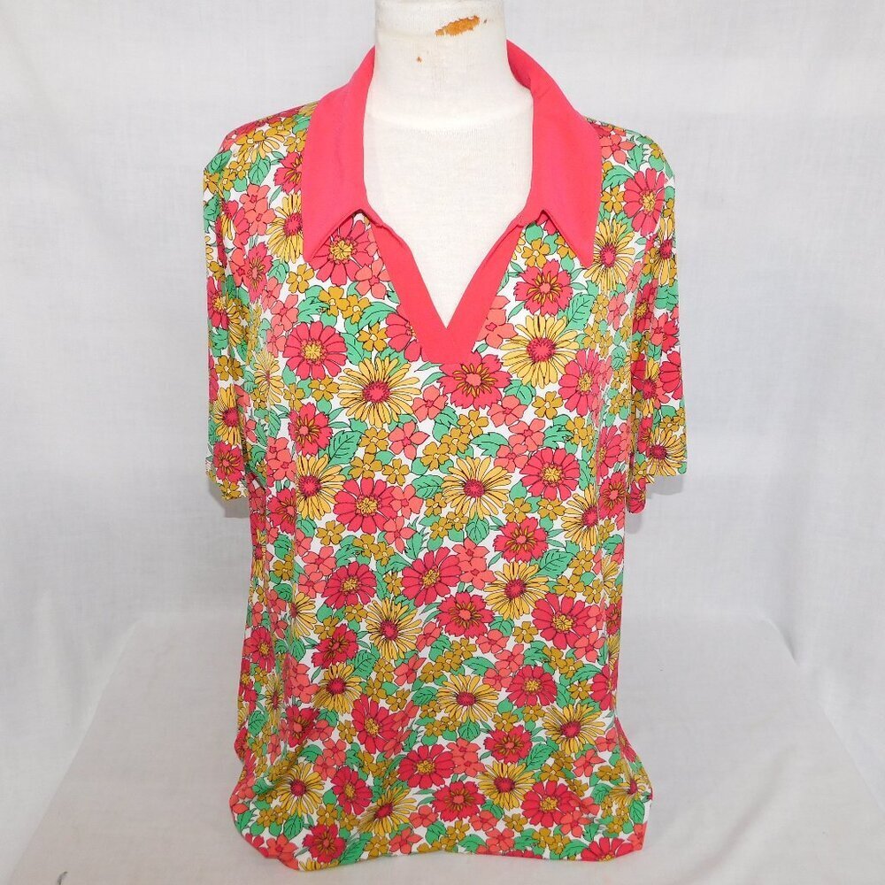 Nina Leonard Funky Floral V neck Polo Shirt Fuchsia Green yellow Womens 2X
